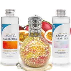 Pack économique Lampe Catalytique Mosaïque Bicolore + Parfum Caribbean Passion (200ml) + Nettoyant Neutre (200ml) + Mèche Rechange