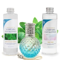 Pack économique Lampe Catalytique Blue Diamonds + Parfum Mountain Mint (500 ml) + Nettoyant Neutre (200 ml) + Mèche de Rechange