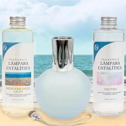 Pack économique Lampe Catalytique Bleu-Gris Mat + Parfum Mediterranean Light (200ml) + Nettoyant Neutre (200ml) + Mèche Rechange