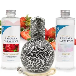 Pack économique Lampe Catalytique Mosaïque Noir + Parfum Wild Strawberry (500 ml) + Nettoyant Neutre (200 ml) + Mèche de Rechange