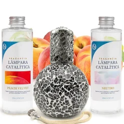 Pack économique Lampe Catalytique Mosaïque Noir + Parfum Peach Velvet (200 ml) + Nettoyant Neutre (200 ml) + Mèche de Rechange