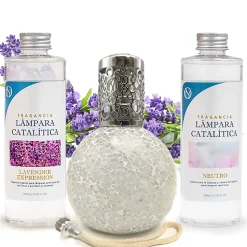 Pack économique Lampe Catalytique Mosaïque Blanc + Parfum Lavender Expression (500ml) + Nettoyant Neutre (200ml) + Mèche Rechange