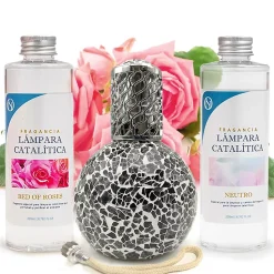 Pack économique Lampe Catalytique Mosaïque Noir + Parfum Bed of Roses (200 ml) + Nettoyant Neutre (200 ml) + Mèche de Rechange