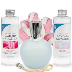 Pack économique Lampe Catalytique Bleu Gris Mat + Parfum Lollipop (500 ml) + Nettoyant Neutre (200 ml) + Mèche de Rechange