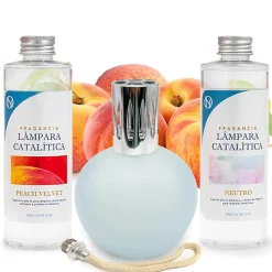 Pack économique Lampe Catalytique Bleu-Gris Mat + Parfum Peach Velvet (200 ml) + Nettoyant Neutre (200 ml) + Mèche de Rechange
