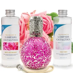Pack économique Lampe Catalytique Mosaïque Fuchsia + Parfum Bed of Roses (200 ml) + Nettoyant Neutre (200 ml) + Mèche de Rechange