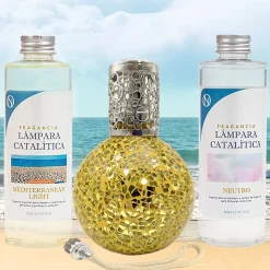 Pack économique Lampe Catalytique Mosaïque Doré + Parfum Mediterranean Light (200 ml) + Nettoyant Neutre (200 ml) + Mèche Rechange
