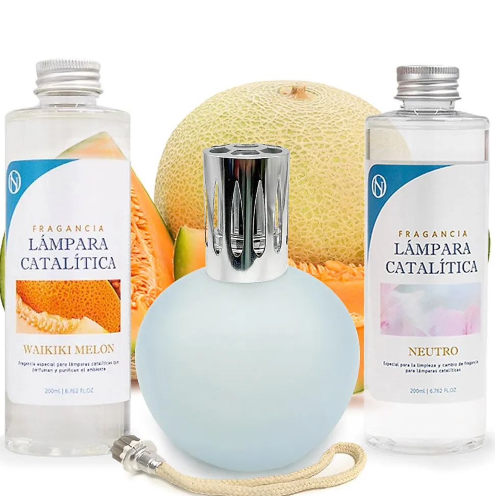 Pack économique Lampe Catalytique Bleu Gris Mat + Parfum Waikiki Melon (500 ml) + Nettoyant Neutre (200 ml) + Mèche de Rechange