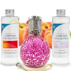 Pack économique Lampe Catalytique Mosaïque Fuchsia + Parfum Peach Velvet (500 ml) + Nettoyant Neutre (200 ml) + Mèche de Rechange