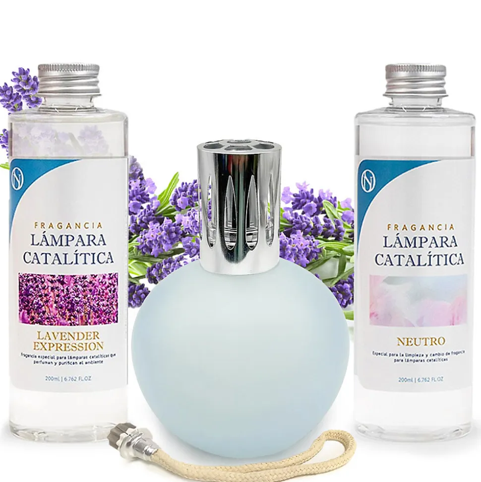 Pack économique Lampe Catalytique Bleu-Gris Mat + Parfum Lavender Expression (200ml) + Nettoyant Neutre (200ml) + Mèche Rechange