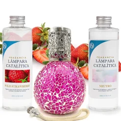 Pack économique Lampe Catalytique Mosaïque Fuchsia + Parfum Wild Strawberry (200 ml) + Nettoyant Neutre (200 ml) + Mèche Rechange