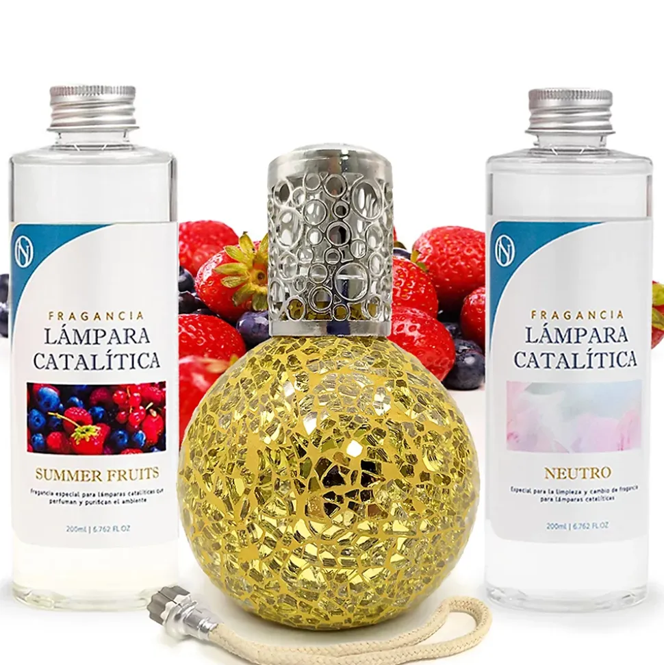 Pack économique Lampe Catalytique Mosaïque Doré + Parfum Summer Fruits (200 ml) + Nettoyant Neutre (200 ml) + Mèche de Rechange