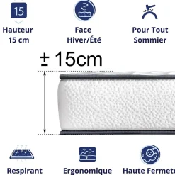 Pack de 2 Matelas Mousse 90x200 New York, Ferme, Réversible, Côté Été/hiver, H15 Cm