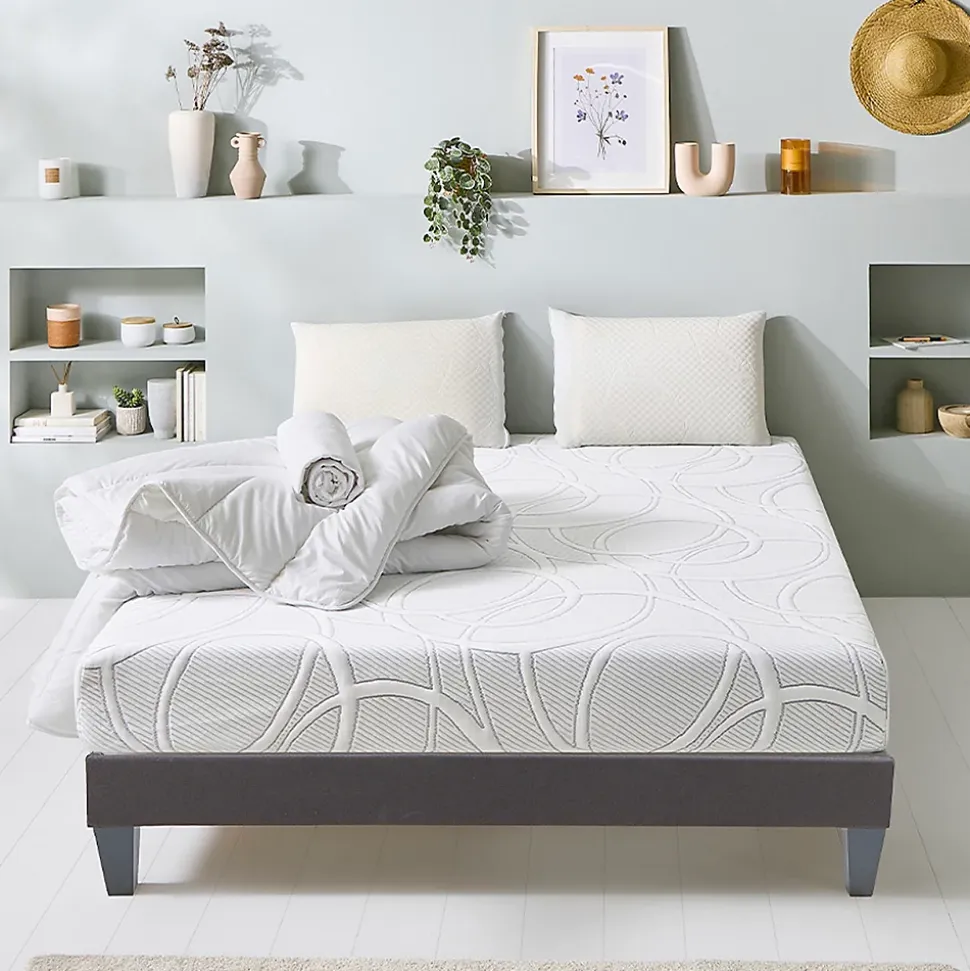 Pack Eupraxie 180x200 cm Matelas Mousse + Sommier Bois + Accessoires