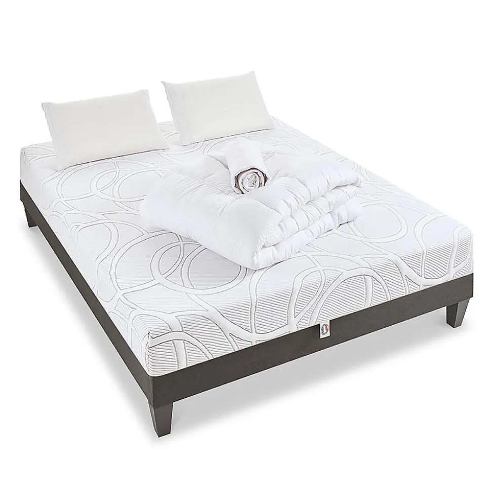 Pack Eupraxie 180x200 cm Matelas Mousse + Sommier Bois + Accessoires