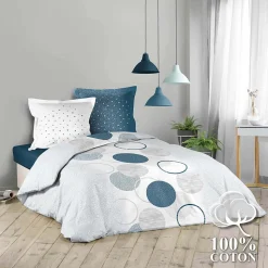 Pack housse de couette 260x240 cm voie lactee + drap housse 160 x 200 bleu