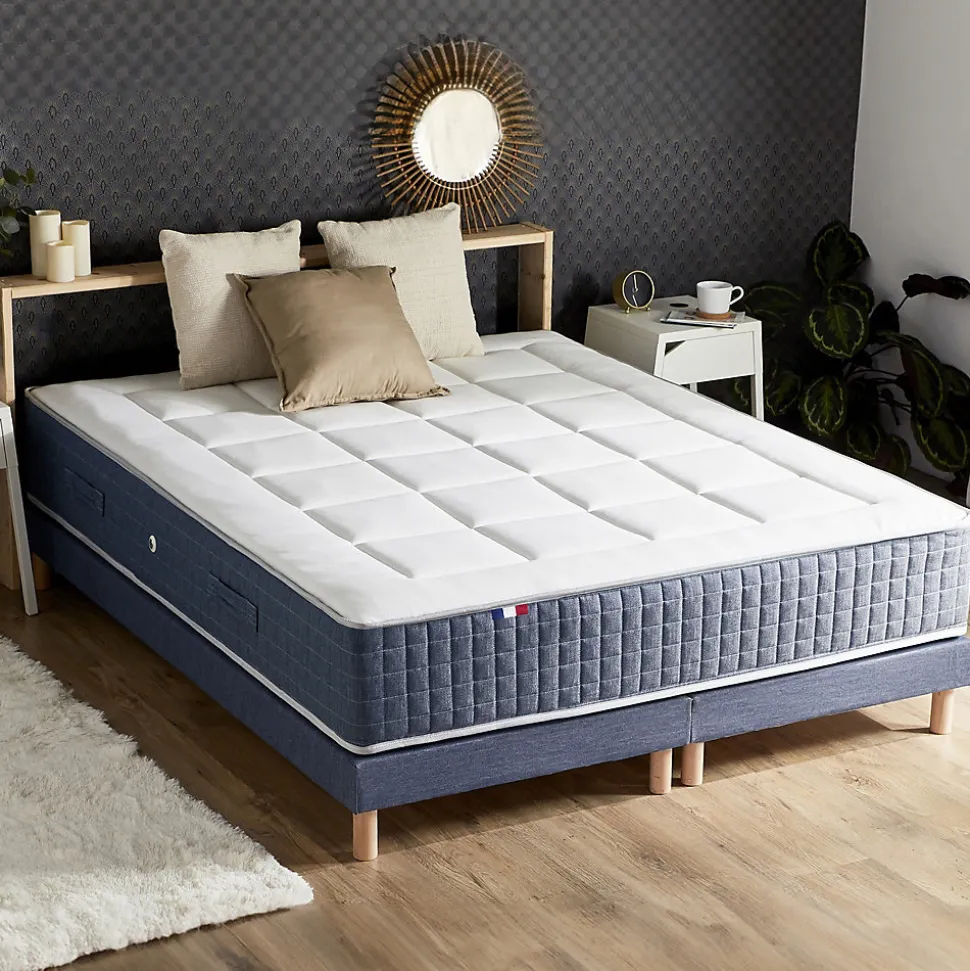 Pack matelas 7 zones sommier bleu couette oreillers 180x200