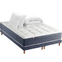 Pack matelas 7 zones sommier bleu couette oreillers 160x200