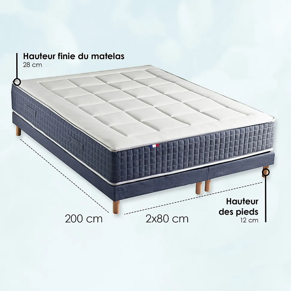 Pack matelas 7 zones sommier bleu couette oreillers 160x200