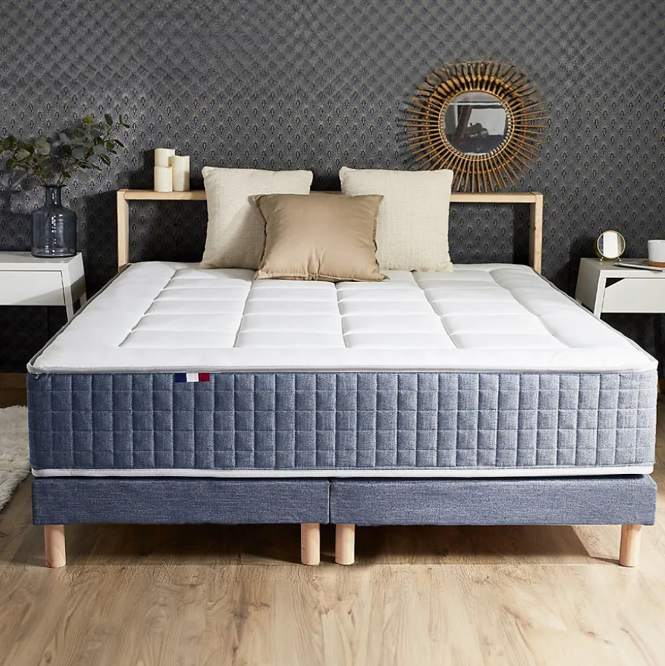 Pack matelas 7 zones sommier bleu couette oreillers 160x200