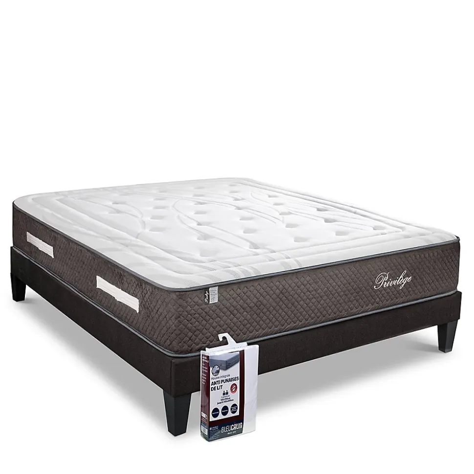 Pack Privilège 90x200 cm Matelas Ressorts + Sommier Bois + Protège matelas anti punaise