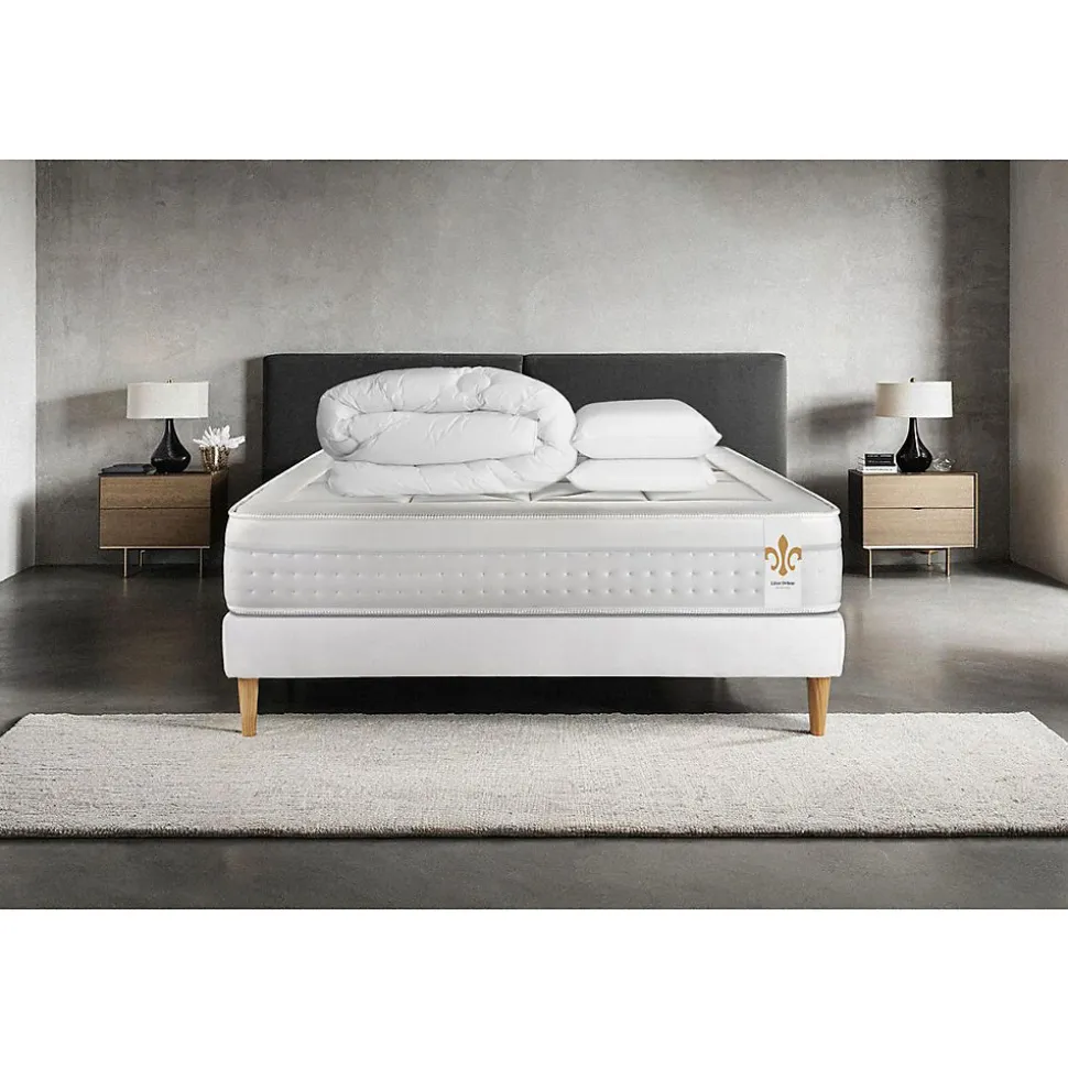 Pack sommier kit matelas Ressorts ensachés et mémoire de forme avec couette et oreillers