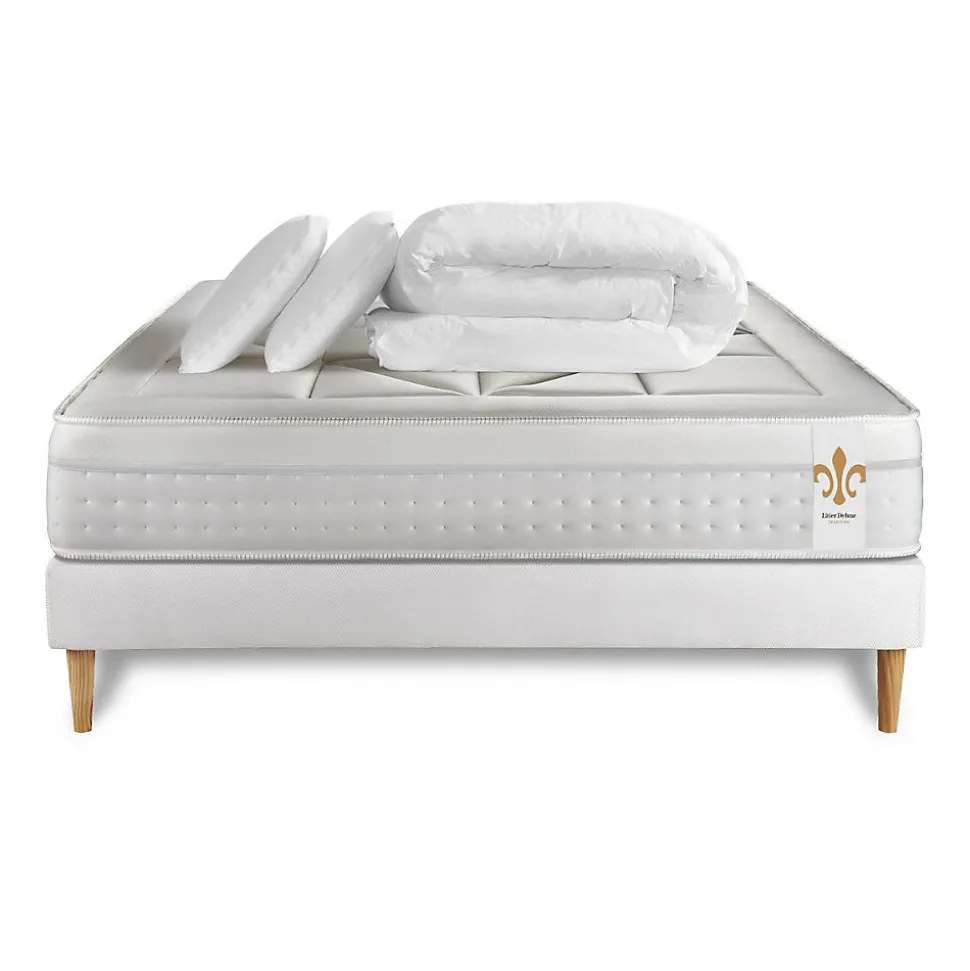 Pack sommier kit matelas Ressorts ensachés et mémoire de forme avec couette et oreillers