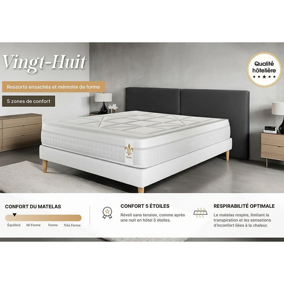 Pack sommier kit matelas Ressorts ensachés et mémoire de forme avec couette et oreillers