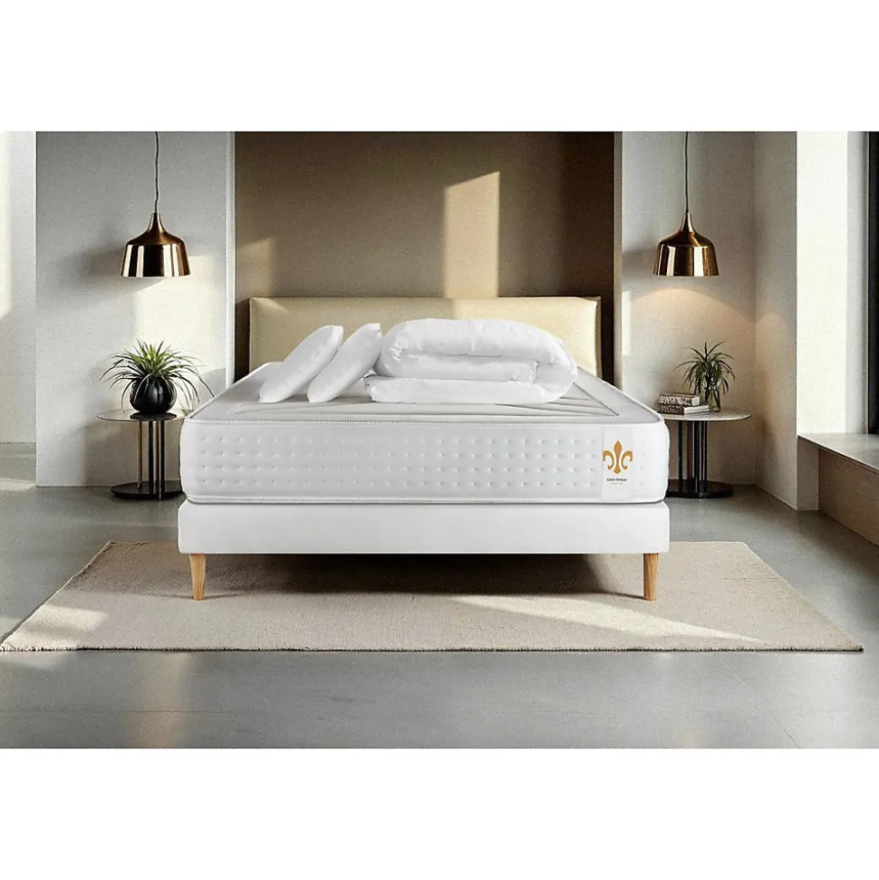 Pack sommier kit matelas Ressorts ensachés et mémoire de forme avec couette et oreillers