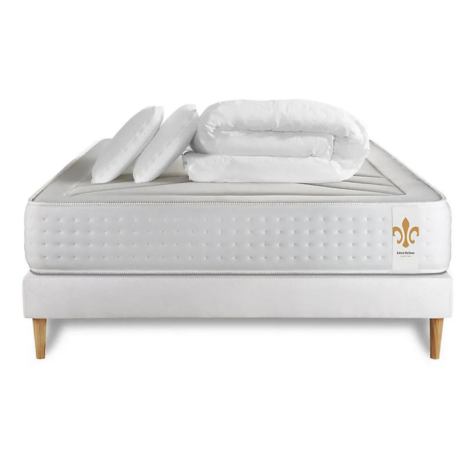 Pack sommier kit matelas Ressorts ensachés et mémoire de forme avec couette et oreillers