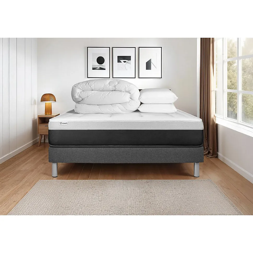 Pack sommier kit matelas Ressorts ensachés et mémoire de forme avec couette et oreillers