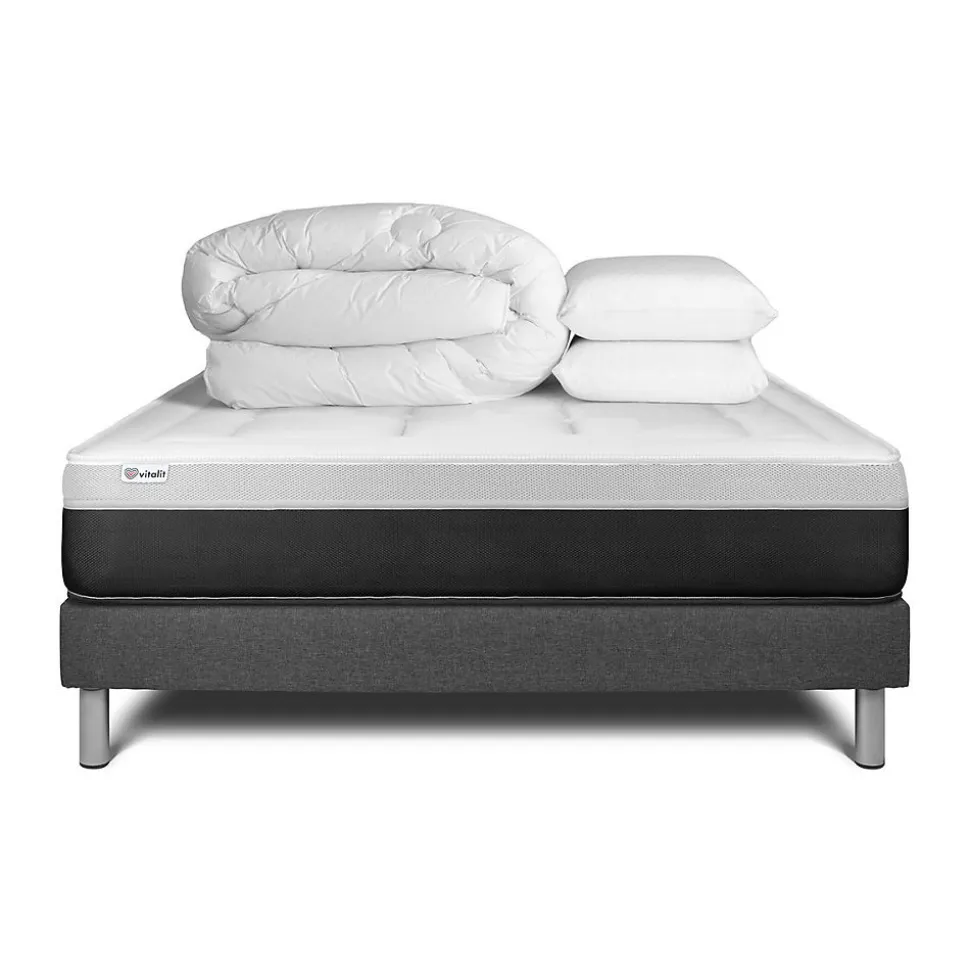 Pack sommier kit matelas Ressorts ensachés et mémoire de forme avec couette et oreillers