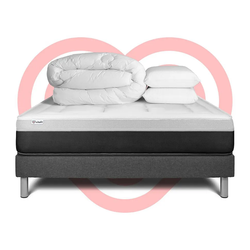 Pack sommier kit matelas Ressorts ensachés et mémoire de forme avec couette et oreillers