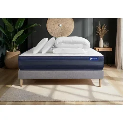 Pack sommier kit matelas Ressorts ensachés et mémoire de forme avec couette et oreillers