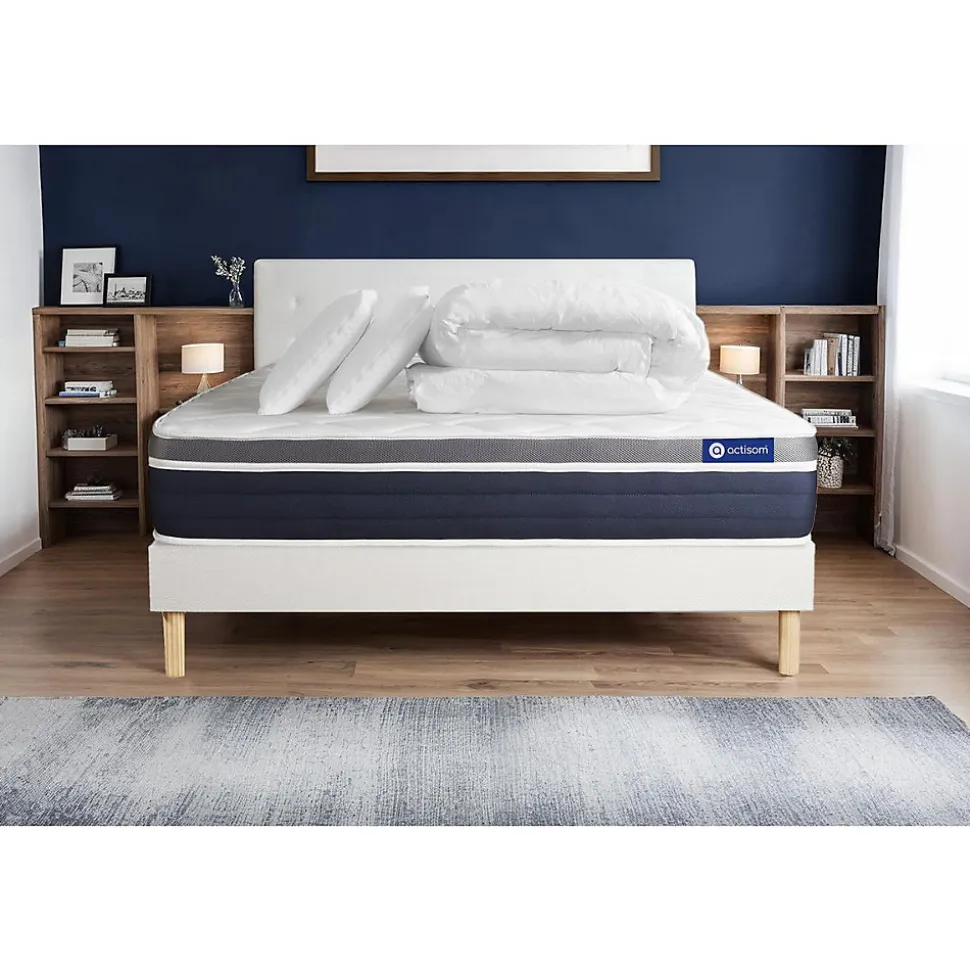 Pack sommier kit matelas Latex et mémoire de forme avec couette et oreillers