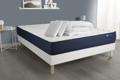 Pack sommier kit matelas Ressorts ensachés et mémoire de forme avec couette et oreillers
