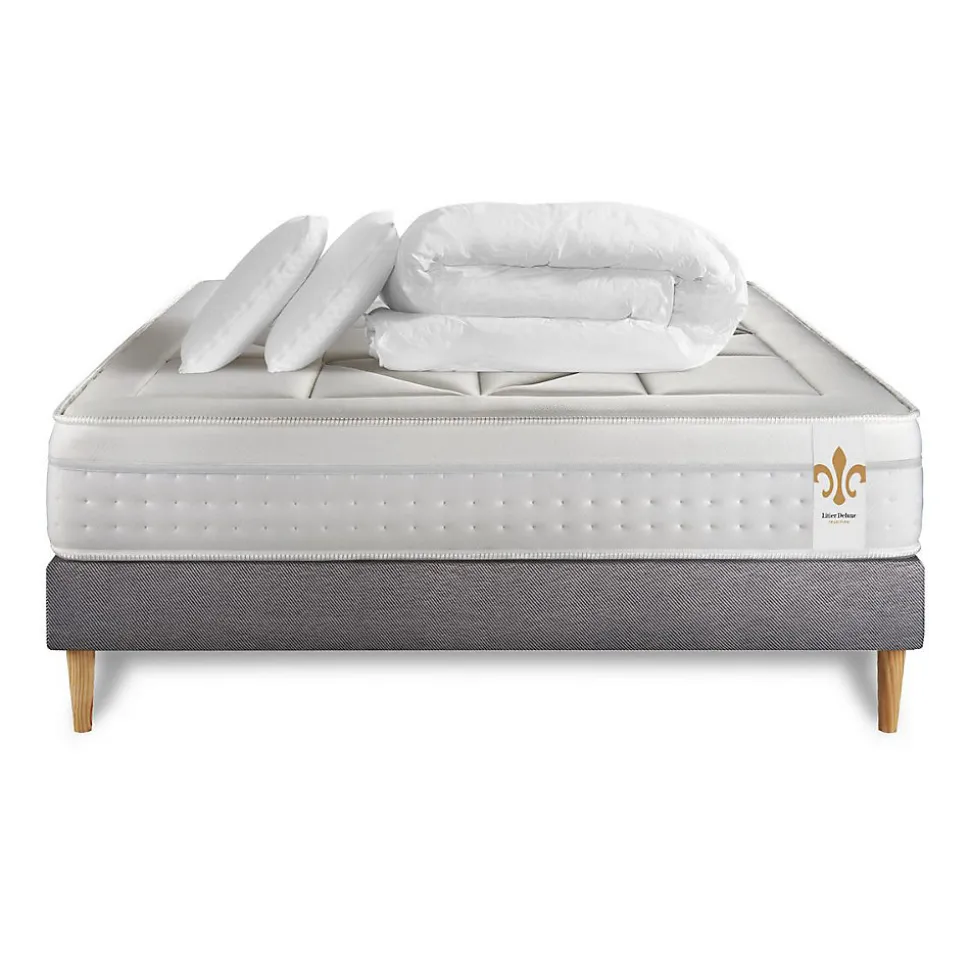 Pack sommier kit matelas Ressorts ensachés et mémoire de forme avec couette et oreillers