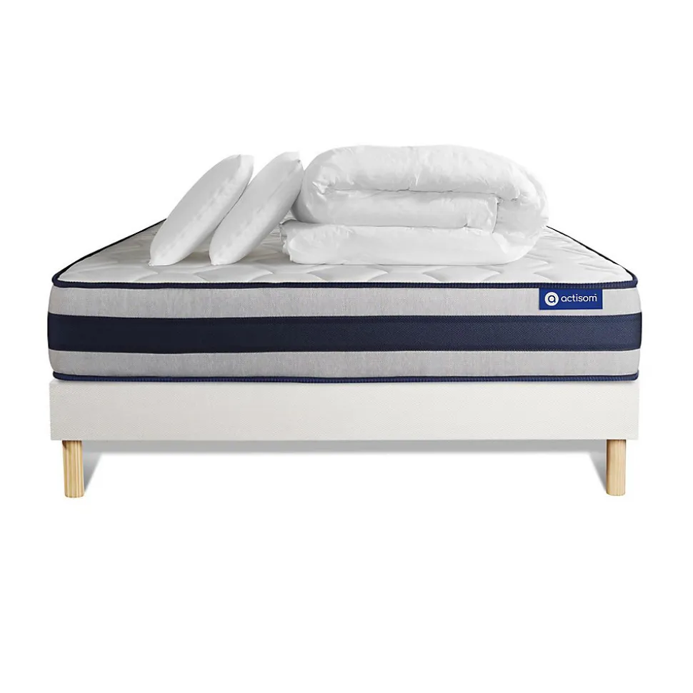 Pack sommier kit matelas Ressorts ensachés et mémoire de forme avec couette et oreillers