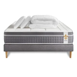 Pack sommier kit matelas Ressorts ensachés et mémoire de forme avec couette et oreillers