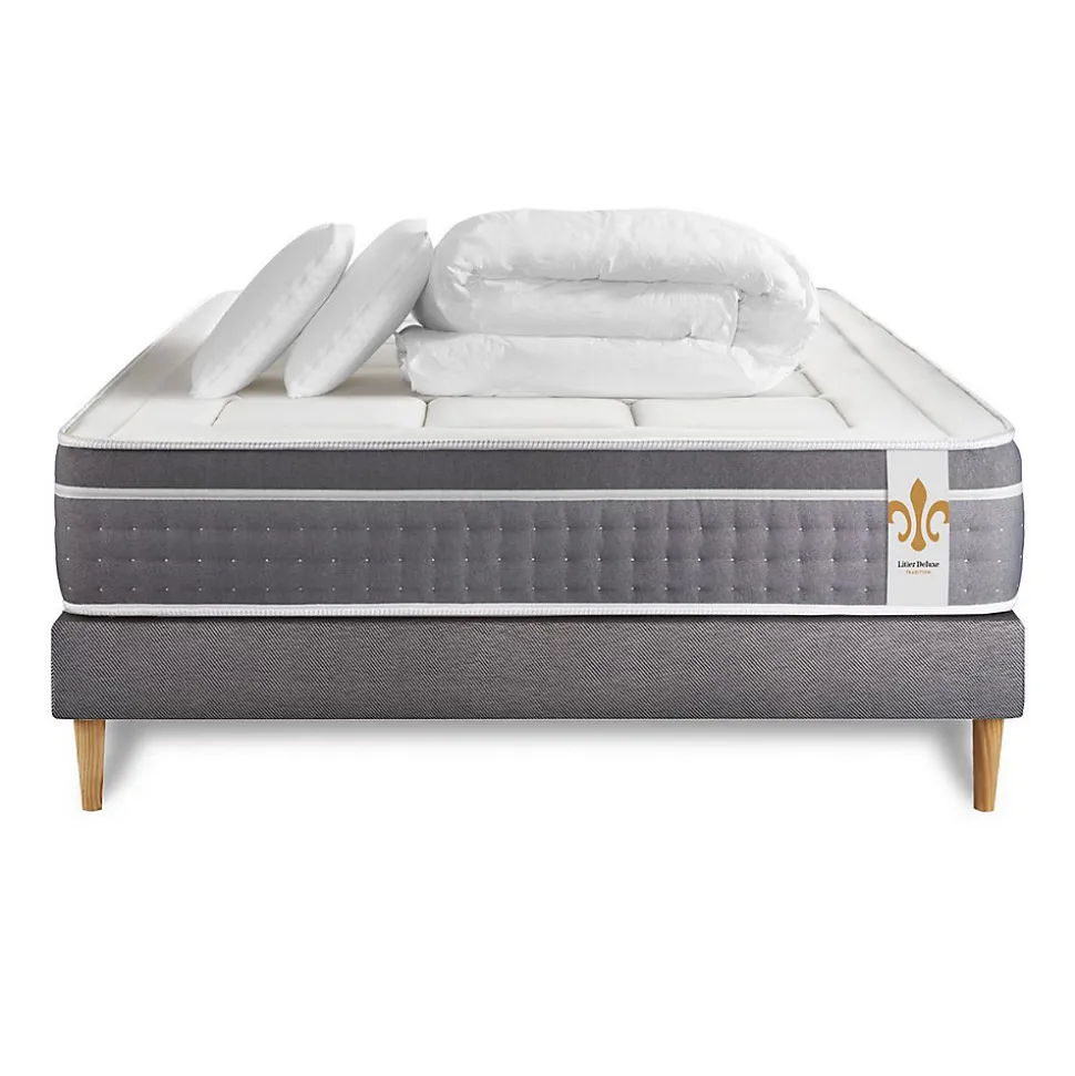Pack sommier kit matelas Ressorts ensachés et mémoire de forme avec couette et oreillers