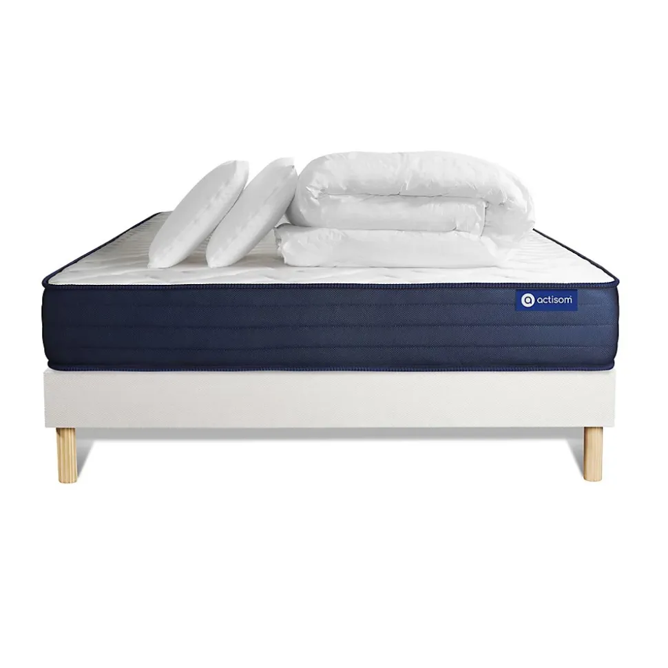 Pack sommier kit matelas Ressorts ensachés et mémoire de forme avec couette et oreillers