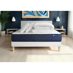 Pack sommier kit matelas Ressorts ensachés et mémoire de forme avec couette et oreillers