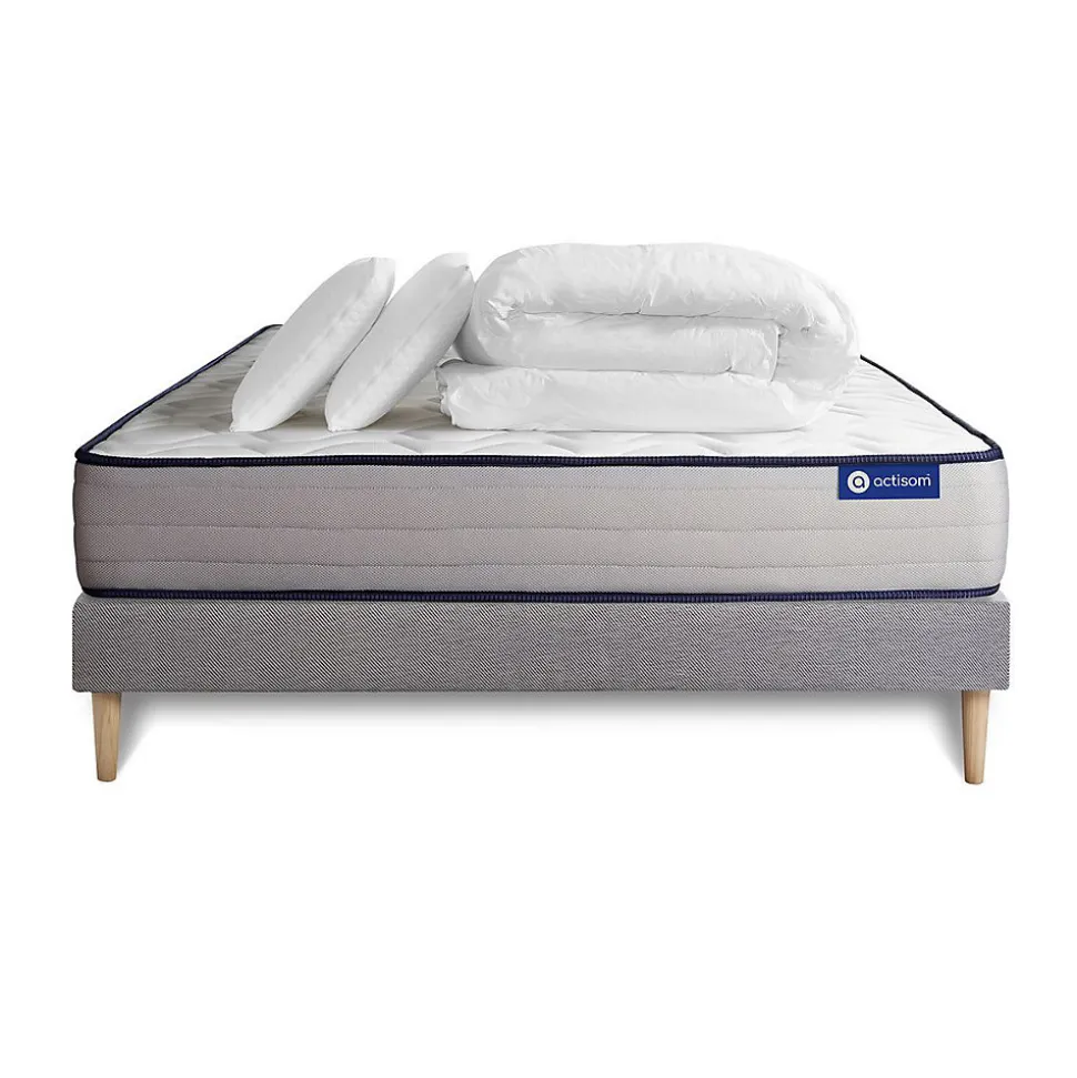 Pack sommier kit matelas Ressorts ensachés et mémoire de forme avec couette et oreillers