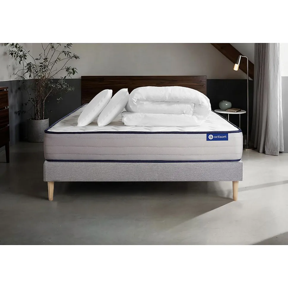 Pack sommier kit matelas Ressorts ensachés et mémoire de forme avec couette et oreillers