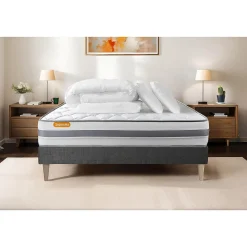 Pack sommier kit matelas Ressorts ensachés et mémoire de forme avec couette et oreillers