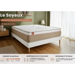 Pack sommier tapissier matelas Ressorts ensachés et mémoire de forme avec couette et oreillers