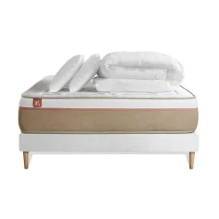 Pack sommier tapissier matelas Ressorts ensachés et mémoire de forme avec couette et oreillers