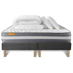 Pack sommier tapissier matelas Mémoire de forme avec couette et oreillers