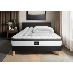 Pack sommier tapissier matelas Mémoire de forme avec couette et oreillers