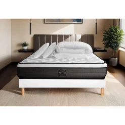 Pack sommier tapissier matelas Ressorts ensachés et mémoire de forme avec couette et oreillers